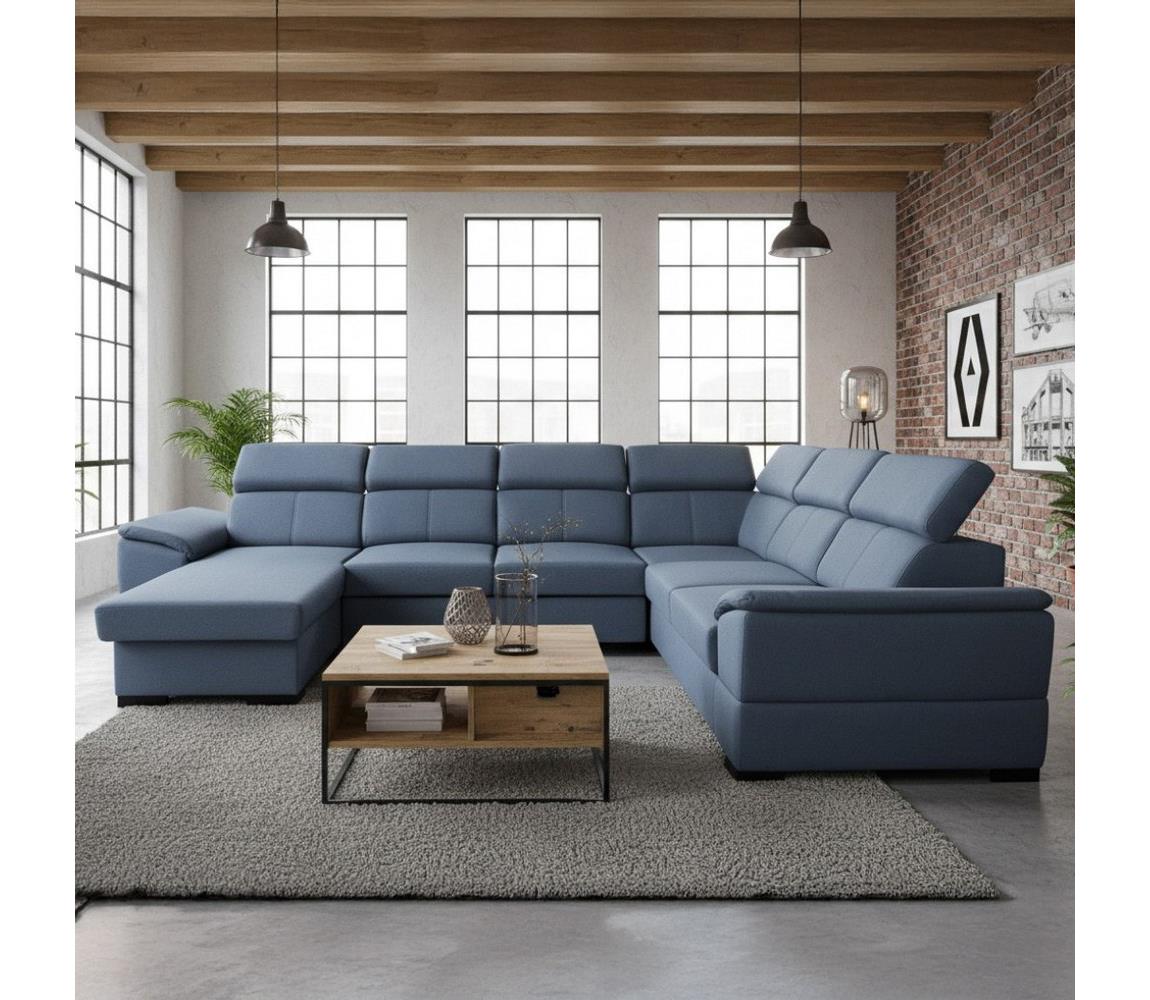 Rozkładana sofa narożna z uniwersalnym narożnikiem w kształcie U z pojemnikiem GRANADA niebieska