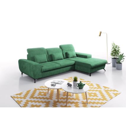 Rozkładana narożna tapicerowana sofa z miejscem do przechowywania typu L ALTA prawy zielony