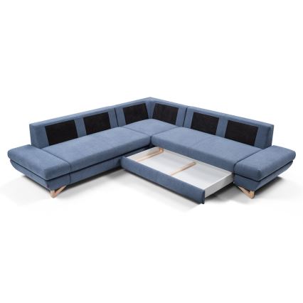 Rozkładana narożna tapicerowana sofa z miejscem do przechowywania typu L AVESTA prawa niebieski