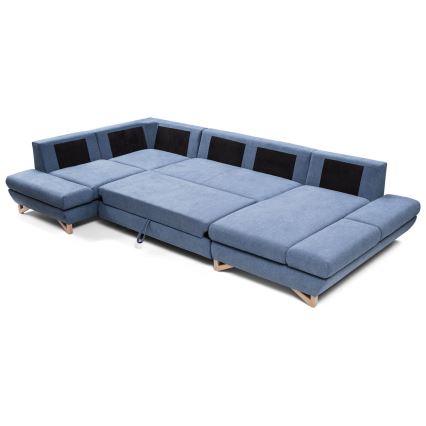 Rozkładana narożna tapicerowana sofa z miejscem do przechowywania typu U AVESTA lewa niebieski