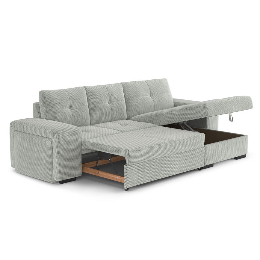 Rozkładana kanapa z pojemnikiem i pufą PALERMO, jasnoszara, prawostronna