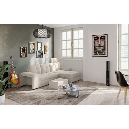 Rozkładana kanapa z pojemnikiem i pufą PALERMO, jasnoszara, prawostronna