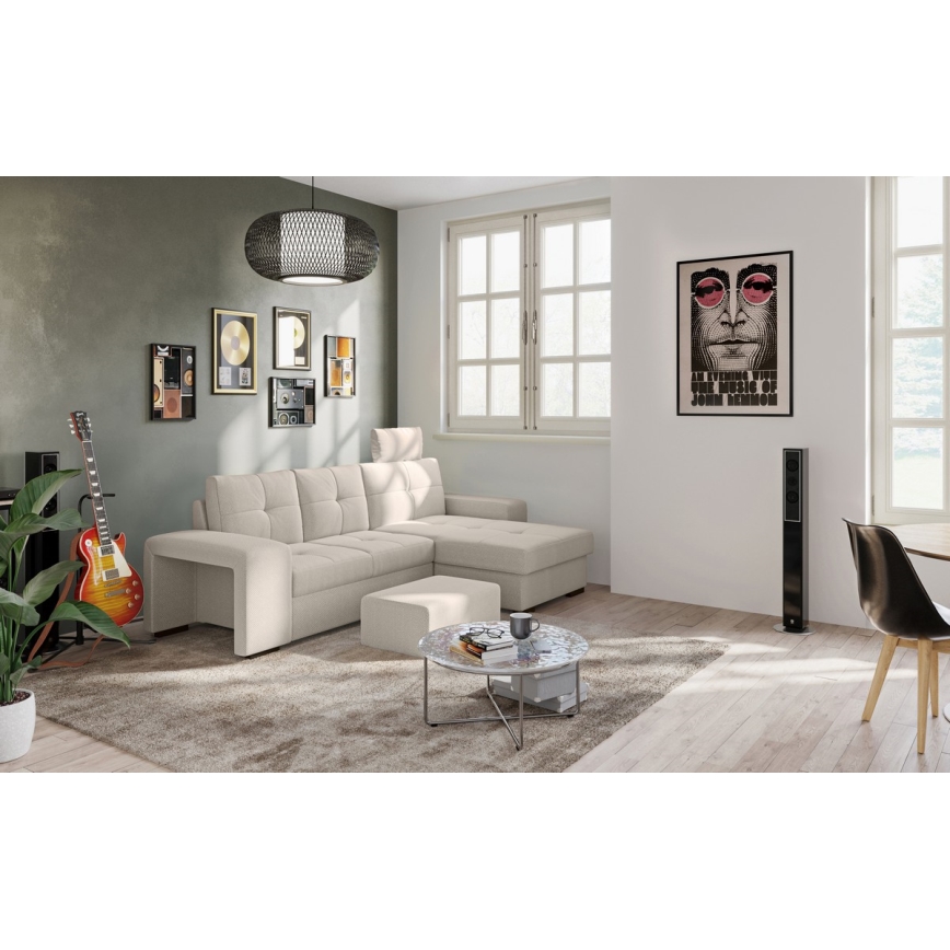 Rozkładana kanapa z pojemnikiem i pufą PALERMO, jasnoszara, prawostronna