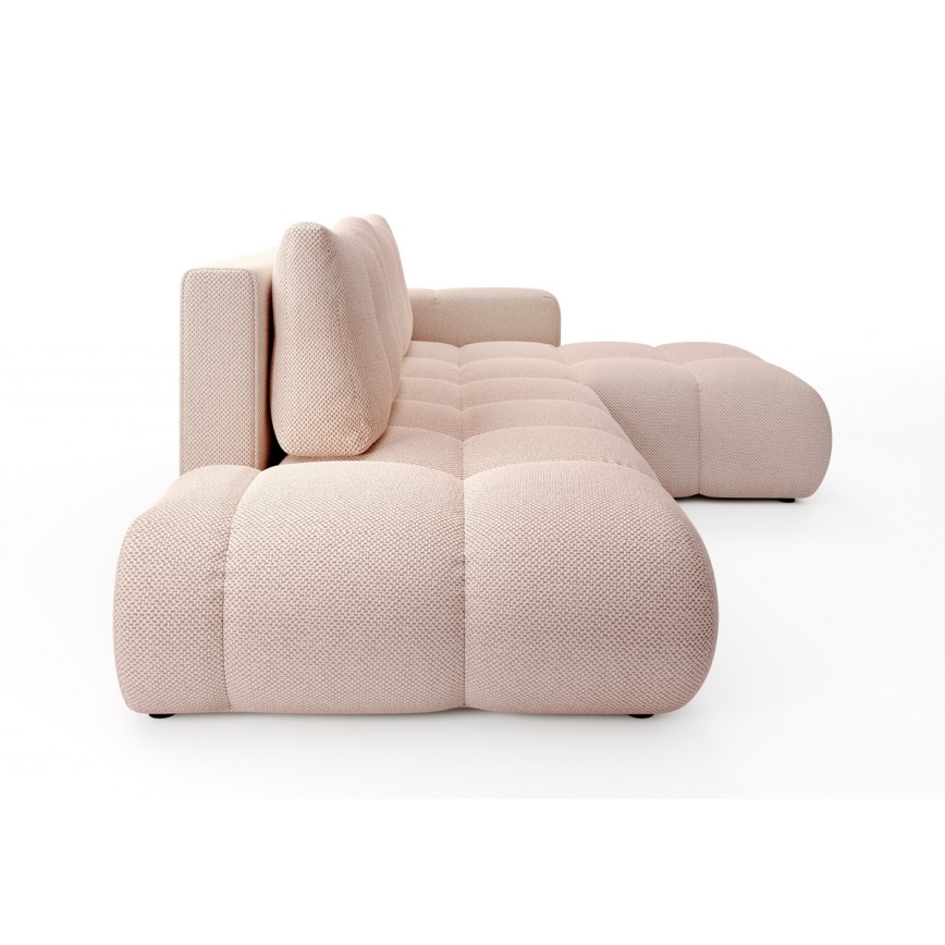 Rozkładany narożnik tapicerowany ALMADA w układzie L — prawy, różowy, z pojemnikiem na pościel