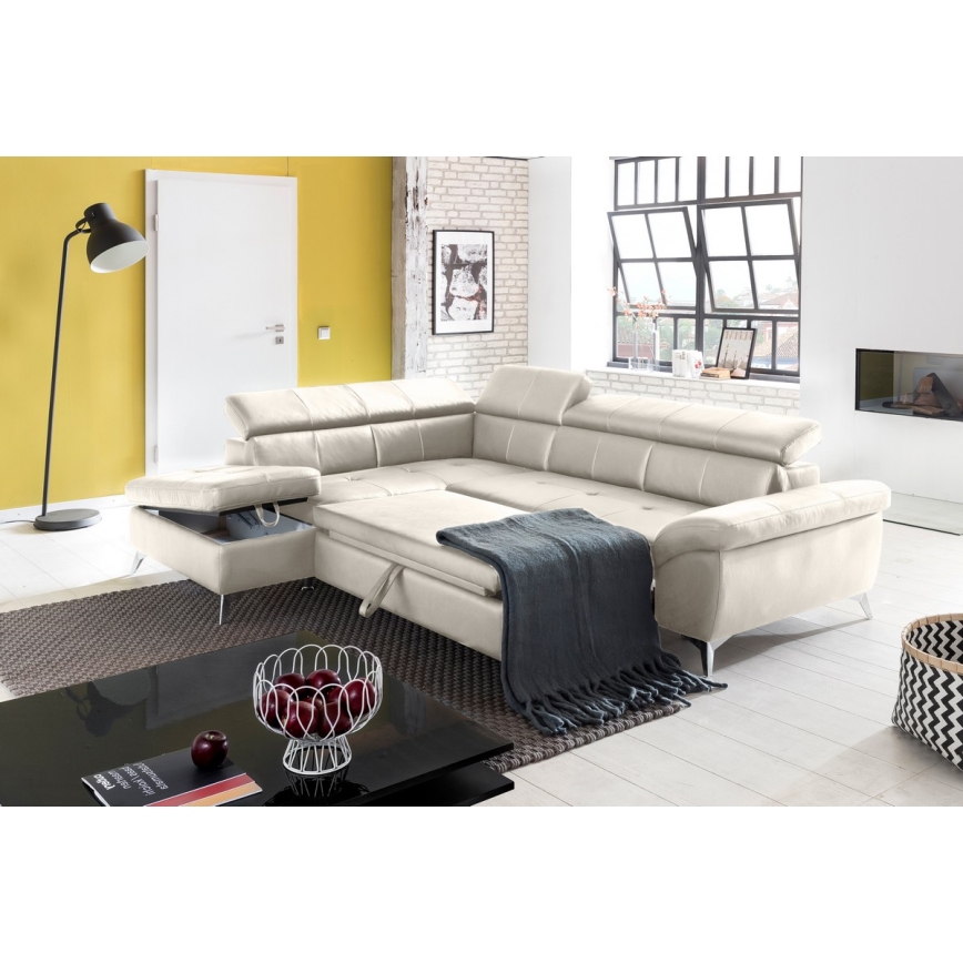 Rozkładana narożna skórzana sofa typu L SALERNO II lewa beżowy