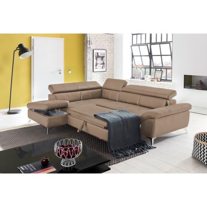 Rozkładana narożna skórzana sofa typu L SALERNO II lewa brązowy