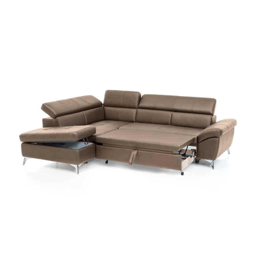 Rozkładana narożna skórzana sofa typu L SALERNO II lewa brązowy