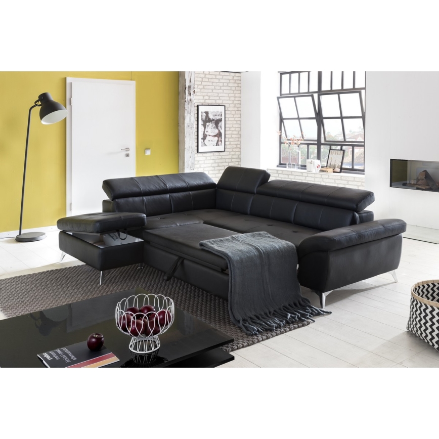 Rozkładana narożna skórzana sofa typu L SALERNO II lewa czarny