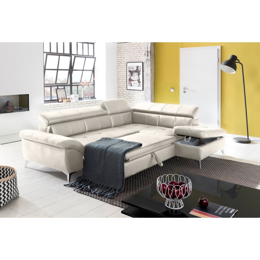 Rozkładana narożna skórzana sofa typu L SALERNO II prawa beżowy