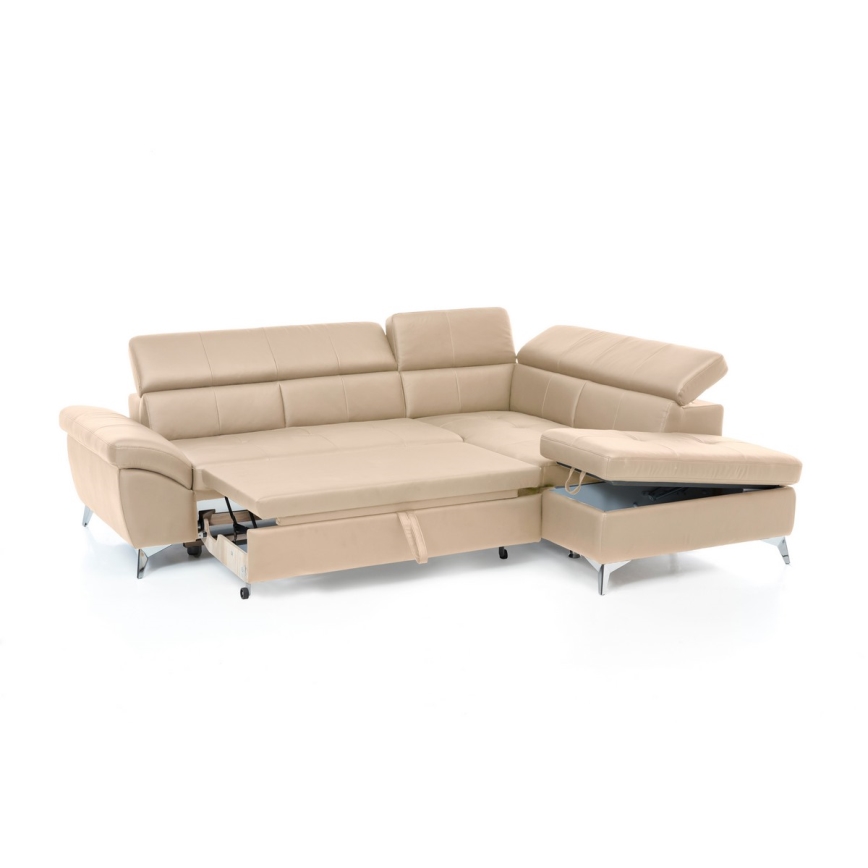 Rozkładana narożna skórzana sofa typu L SALERNO II prawa beżowy
