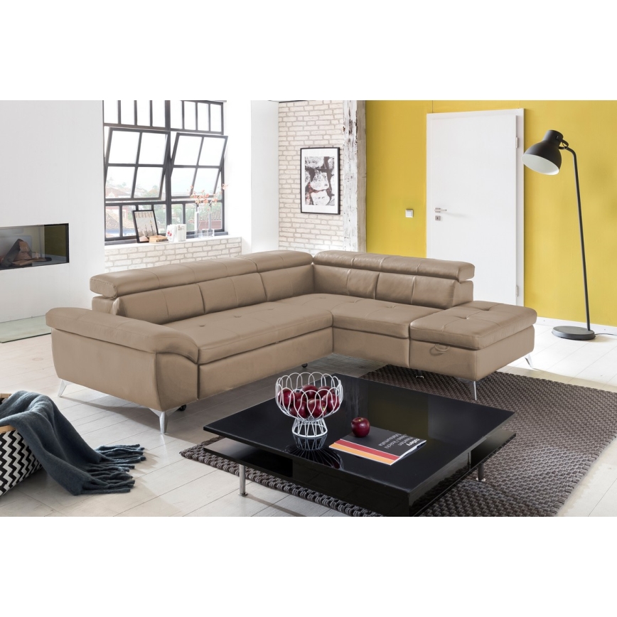 Rozkładana narożna skórzana sofa typu L SALERNO II prawa brązowy
