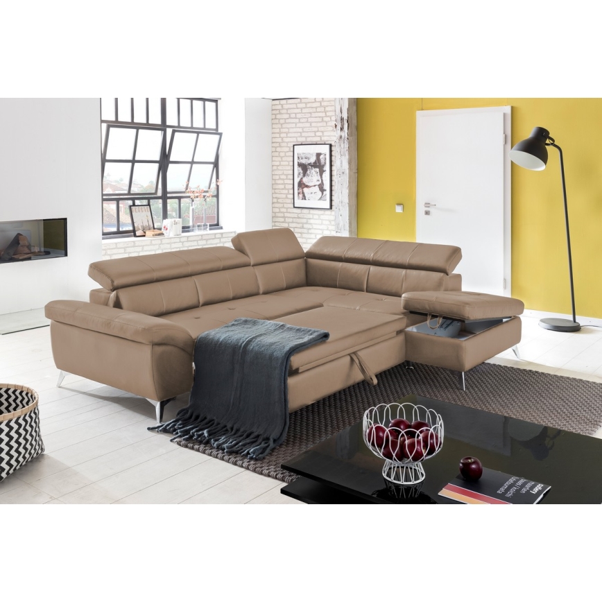 Rozkładana narożna skórzana sofa typu L SALERNO II prawa brązowy
