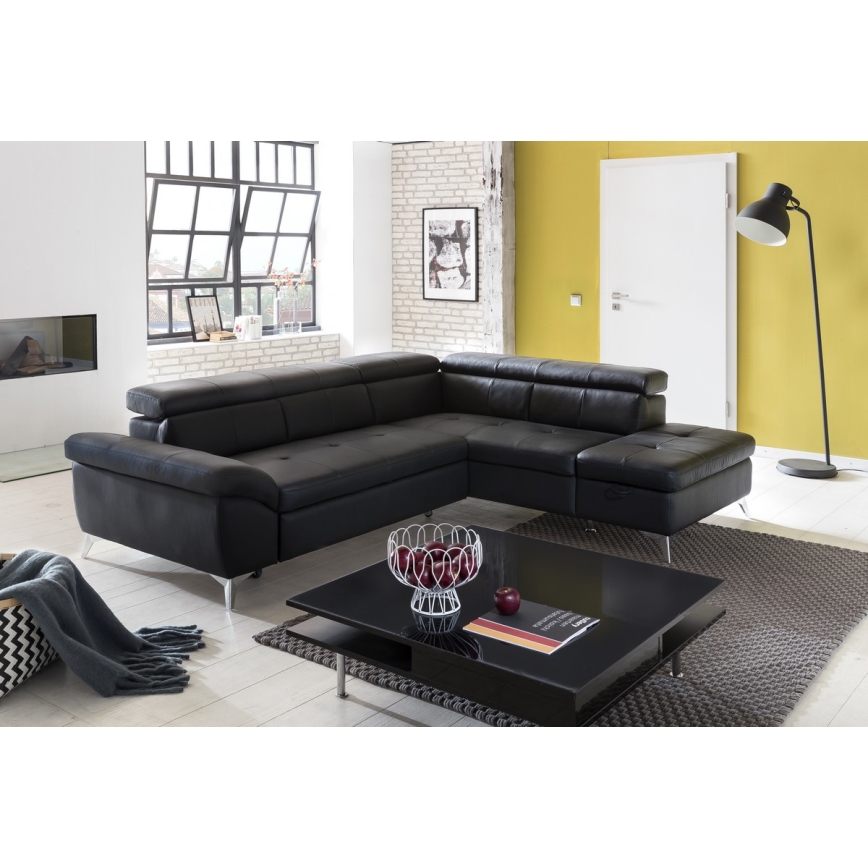 Rozkładana narożna skórzana sofa typu L SALERNO II prawa czarny