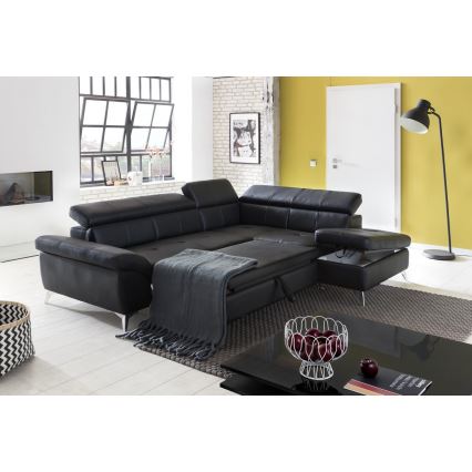 Rozkładana narożna skórzana sofa typu L SALERNO II prawa czarny