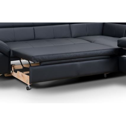 Rozkładana narożna skórzana sofa typu L SALERNO II prawa czarny