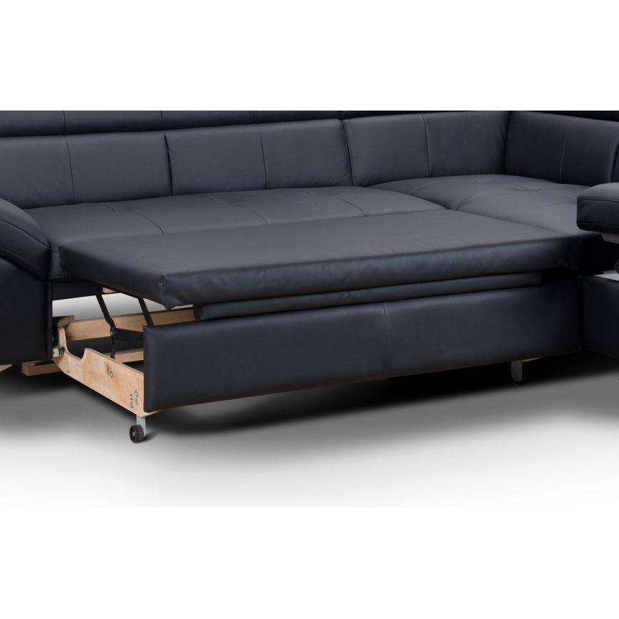 Rozkładana narożna skórzana sofa typu L SALERNO II prawa czarny