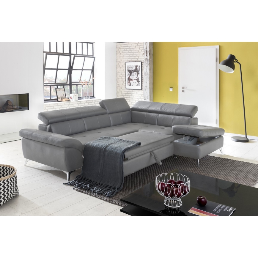 Rozkładana narożna skórzana sofa typu L SALERNO II prawa szary