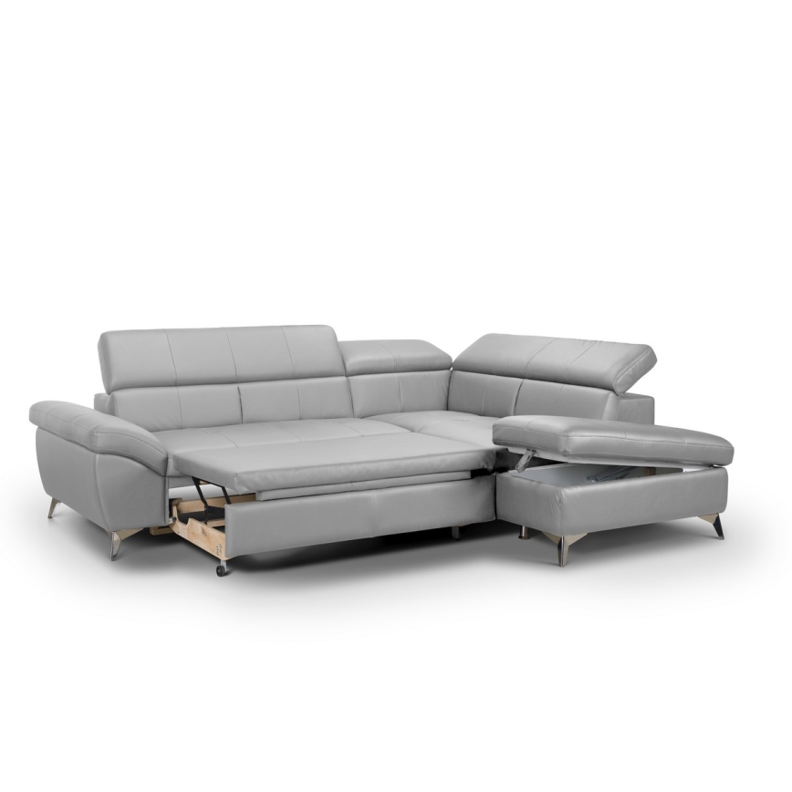 Rozkładana narożna skórzana sofa typu L SALERNO II prawa szary