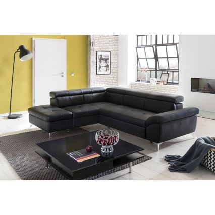 Rozkładana skórzana narożna sofa w kształcie litery L SALERNO II lewa czarna