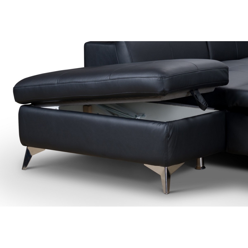 Rozkładana skórzana narożna sofa w kształcie litery L SALERNO II lewa czarna