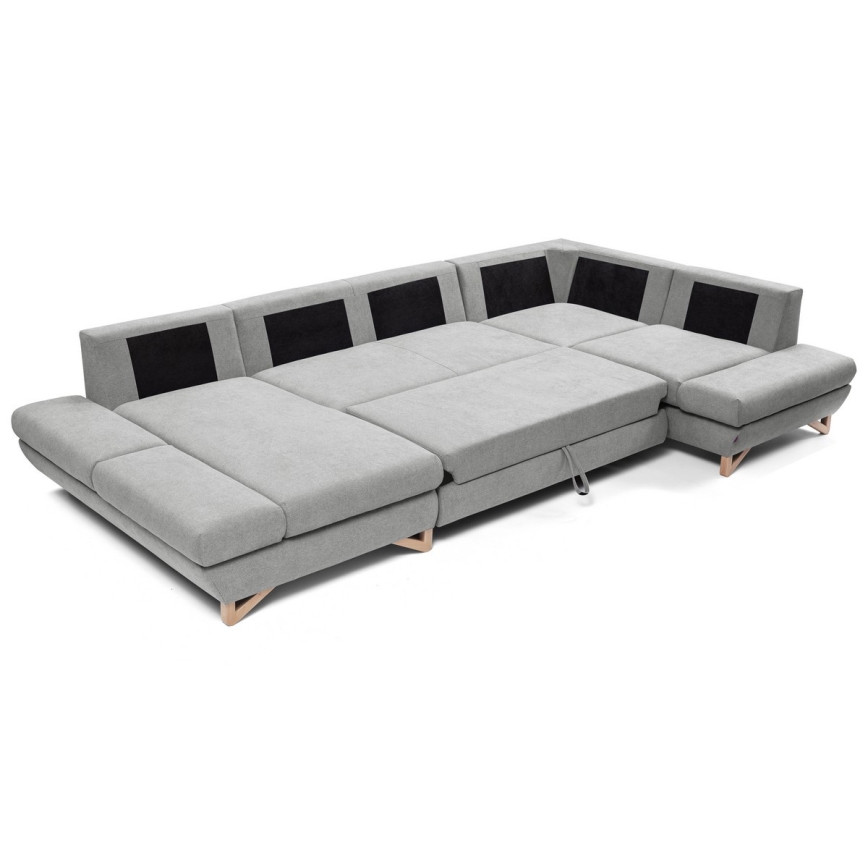 Rozkładana narożna tapicerowana sofa z pojemnikiem na pościel w kształcie litery U AVESTA szara