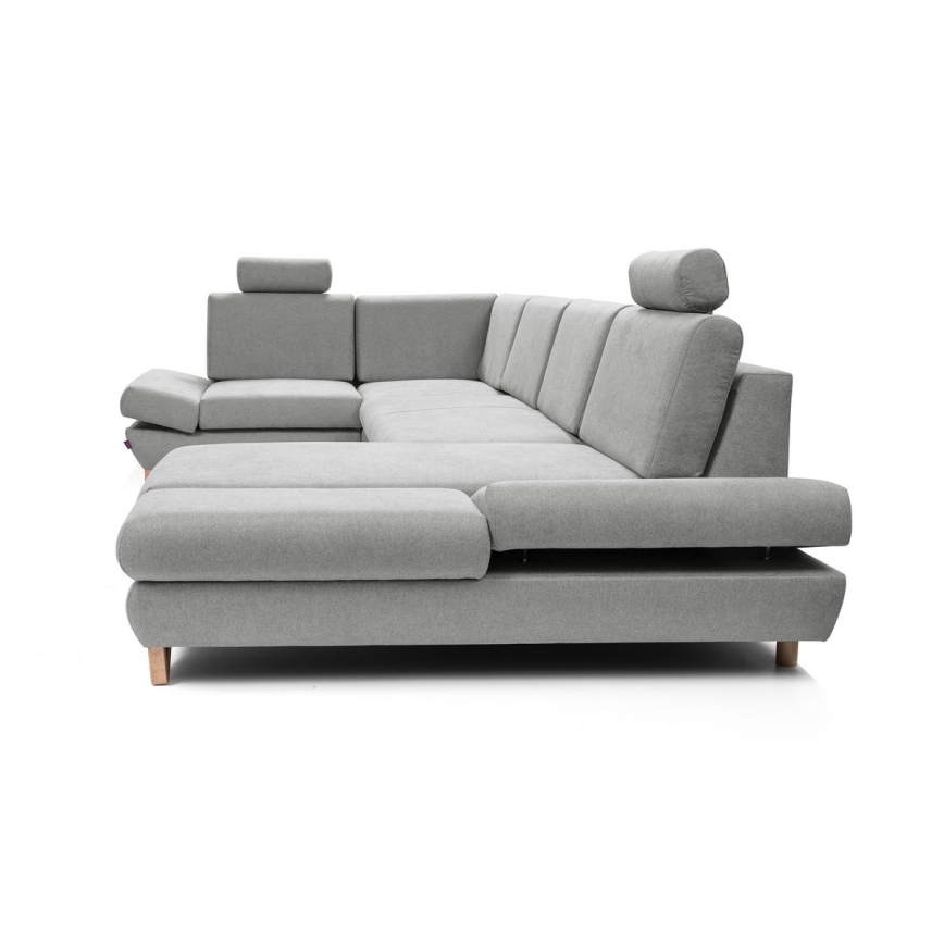 Rozkładana narożna tapicerowana sofa z pojemnikiem na pościel w kształcie litery U AVESTA szara