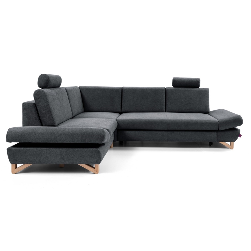 Rozkładany narożnik tapicerowany AVESTA w kształcie litery L — lewy, antracyt, z funkcją spania i pojemnikiem na pościel