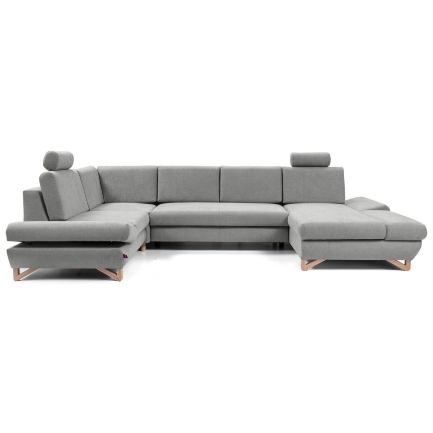 Rozkładana narożna sofa tapicerowana w układzie U z pojemnikiem na pościel AVESTA, szara