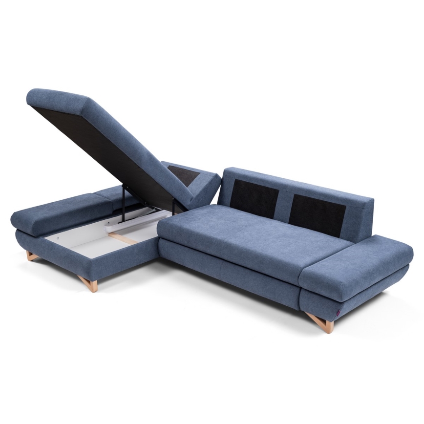 Narożna rozkładana sofa tapicerowana AVESTA z pojemnikiem, lewostronna, niebieska