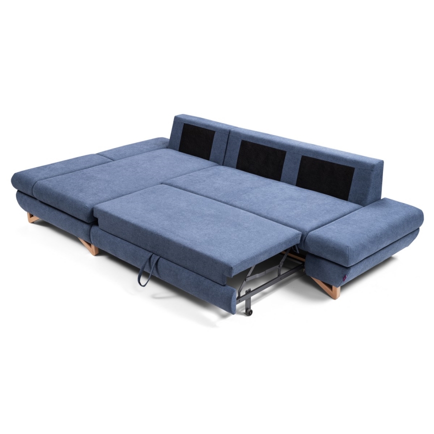 Narożna rozkładana sofa tapicerowana AVESTA z pojemnikiem, lewostronna, niebieska