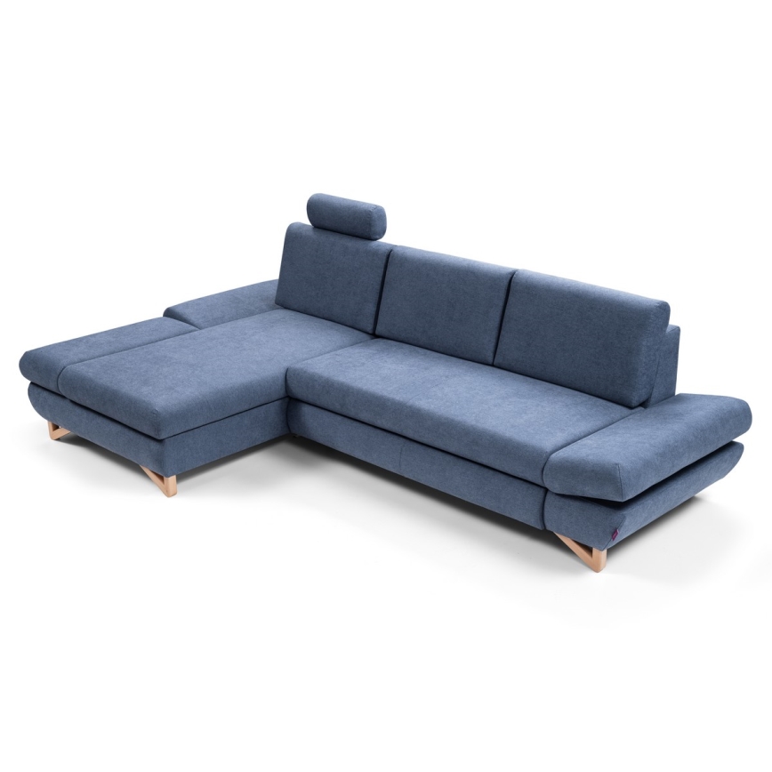 Narożna rozkładana sofa tapicerowana AVESTA z pojemnikiem, lewostronna, niebieska