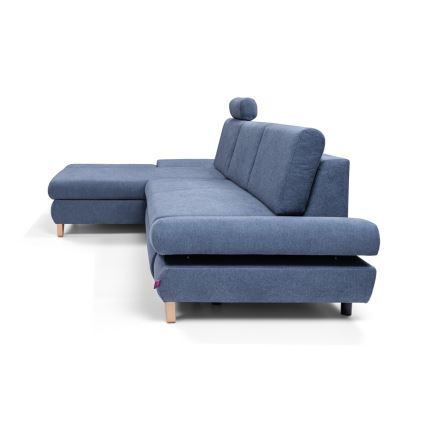 Narożna rozkładana sofa tapicerowana AVESTA z pojemnikiem, lewostronna, niebieska