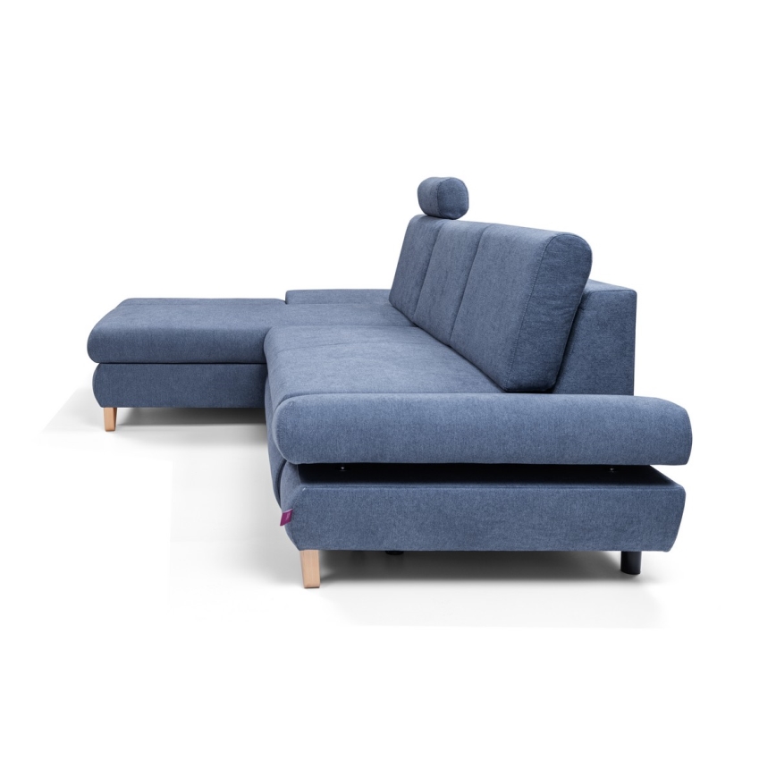 Narożna rozkładana sofa tapicerowana AVESTA z pojemnikiem, lewostronna, niebieska