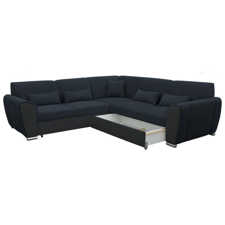 Narożna rozkładana sofa z pojemnikiem w układzie L VISEU, prawostronna, antracyt/czarny