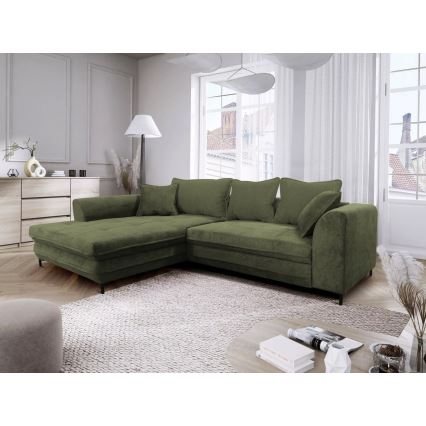 Rozkładana narożna tapicerowana sofa typu L LAGOA lewa zielona