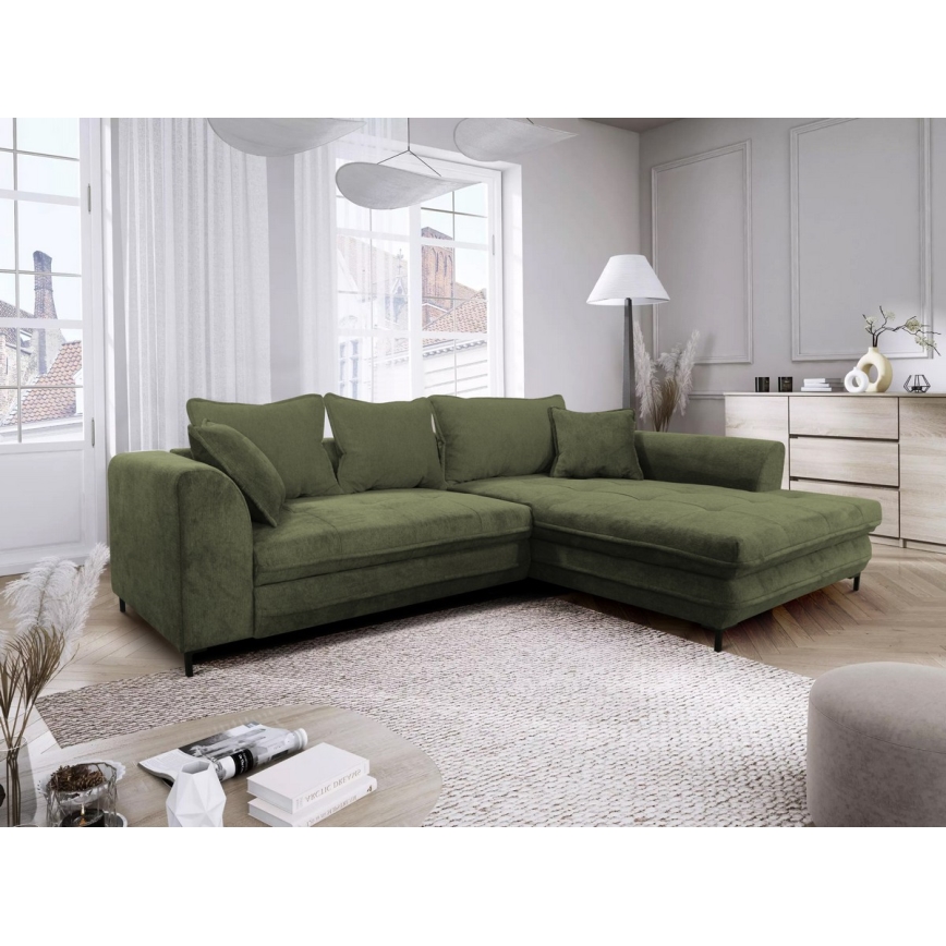 Rozkładana narożna tapicerowana sofa w kształcie L LAGOA prawa zielona