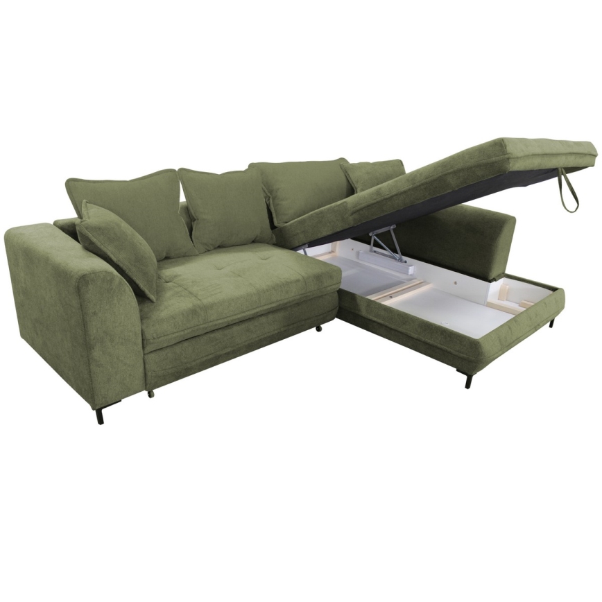 Rozkładana narożna tapicerowana sofa w kształcie L LAGOA prawa zielona