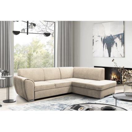 Rozkładana narożna tapicerowana sofa w kształcie L SERPA prawa beżowa