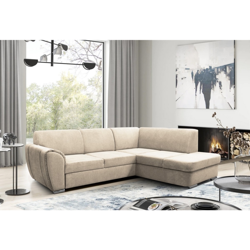 Rozkładana narożna tapicerowana sofa w kształcie L SERPA prawa beżowa