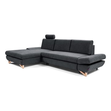 Rozkładana narożna tapicerowana sofa z pojemnikiem na pościel w kształcie litery L AVESTA lewa antracyt