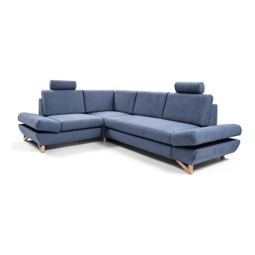Rozkładana narożna tapicerowana sofa z pojemnikiem na pościel w kształcie litery L AVESTA lewa niebieska