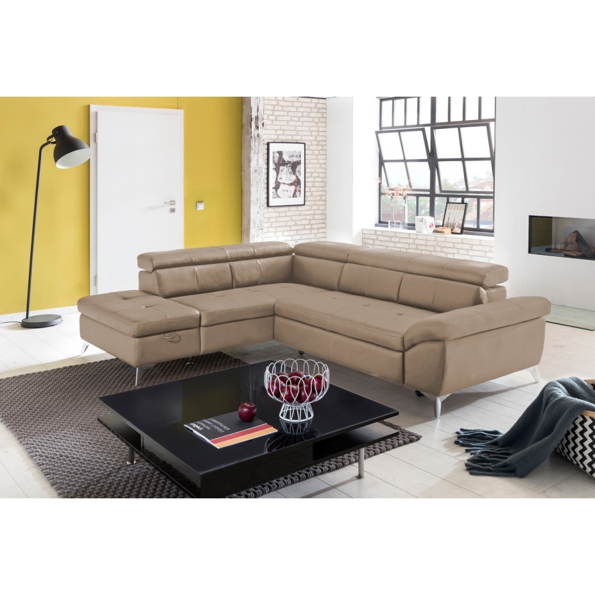 Rozkładana skórzana narożna sofa w kształcie litery L SALERNO II lewa brązowa