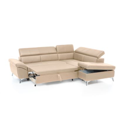 Rozkładana narożna skórzana sofa w kształcie litery L SALERNO II prawa beżowa