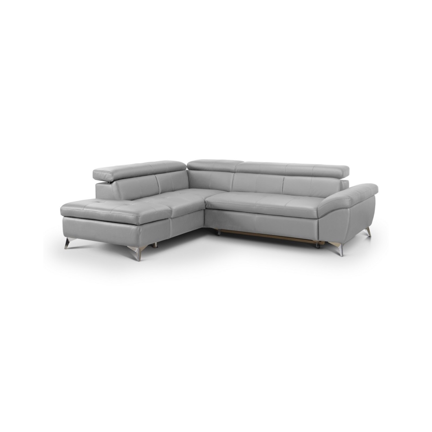 Rozkładana skórzana narożna sofa w kształcie litery L SALERNO II lewa szara