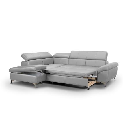 Rozkładana skórzana narożna sofa w kształcie litery L SALERNO II lewa szara