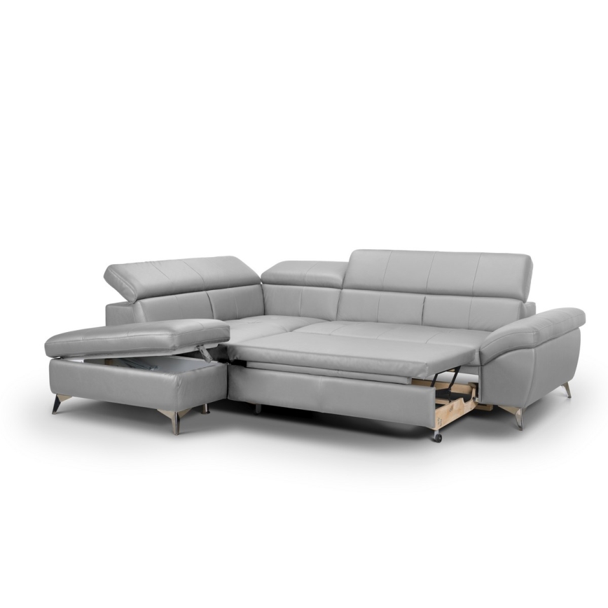 Rozkładana skórzana narożna sofa w kształcie litery L SALERNO II lewa szara
