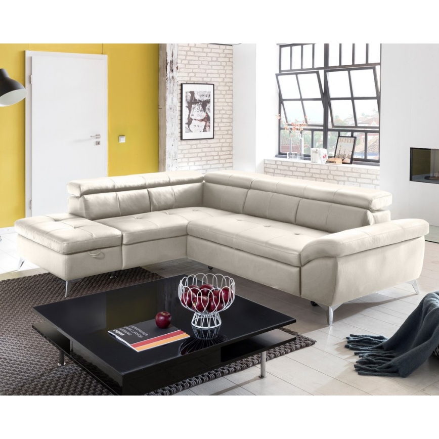 Rozkładana skórzana narożna sofa w kształcie litery L SALERNO II lewa beżowa