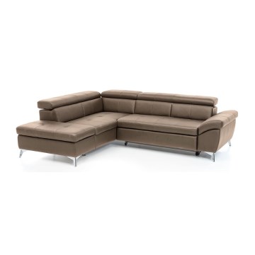 Rozkładana skórzana narożna sofa w kształcie litery L SALERNO II lewa brązowa