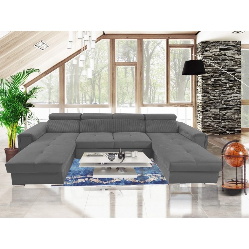 Rozkładana sofa narożna w kształcie litery U z pojemnikiem na pościel SALVADA ciemnoszara