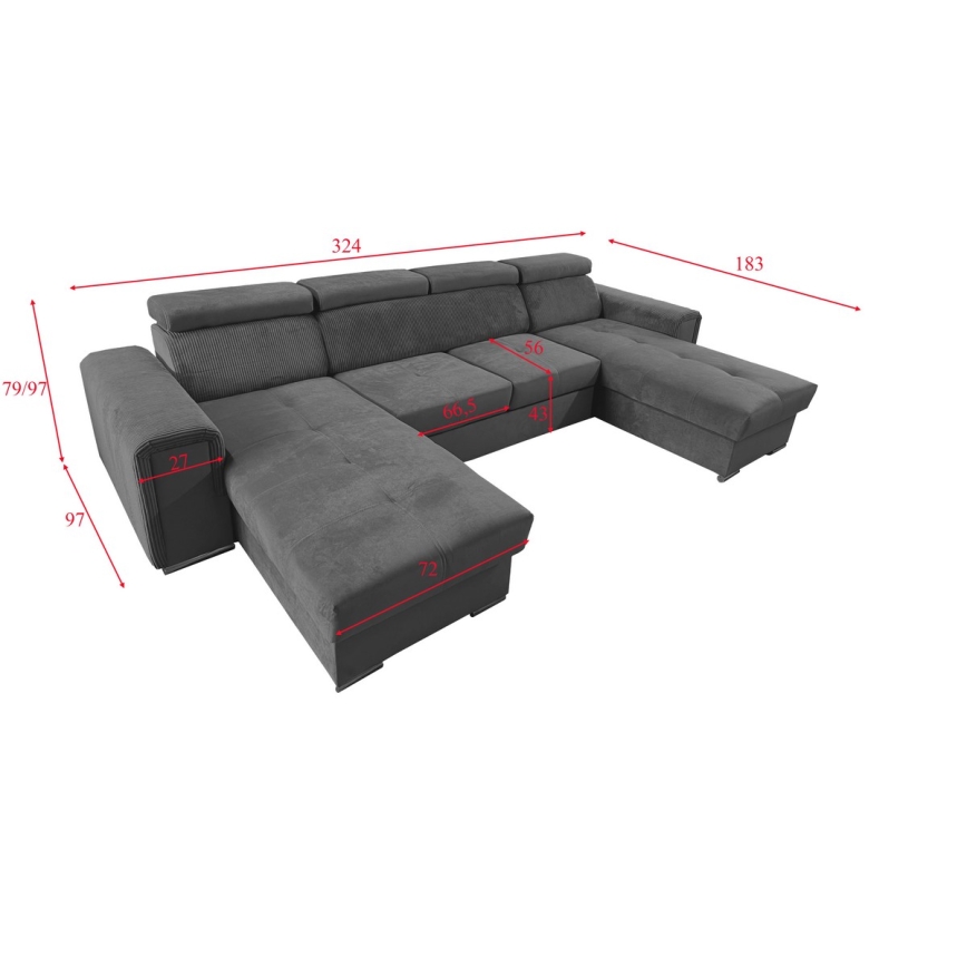 Rozkładana sofa narożna w kształcie litery U z pojemnikiem na pościel SALVADA ciemnoszara